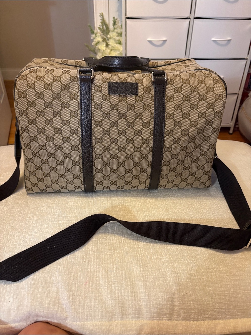Gucci Tan GG Supreme Canvas XL Duffel with Brown Trim excellent condition
